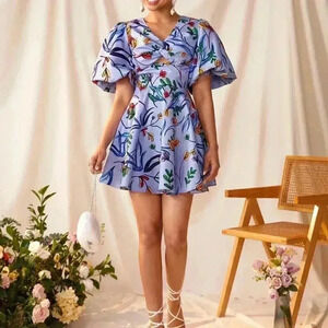Purple Boho Womens Foral Prints Front Twisted Wrap Cut Out Back Detail Dress